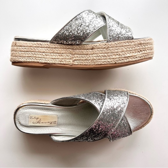 Vintage Havana Marbella Silver Glitter Espadrille Slide Sandal - Picture 1 of 12